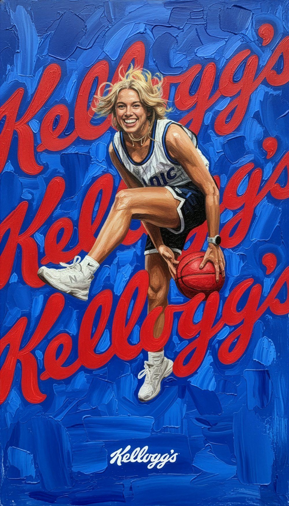 Gemaltes Key Visual: Basketballerin im Trikot dribbelt einen roten Ball vor blauem Hintergrund mit roten Kellogg’s-Schriftzügen